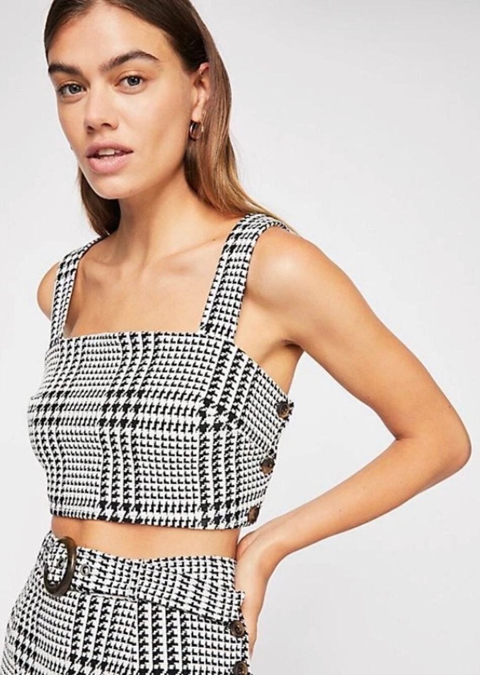 Free People Houndstooth Crop Blouse Top Small Black White Academia Preppy Chic